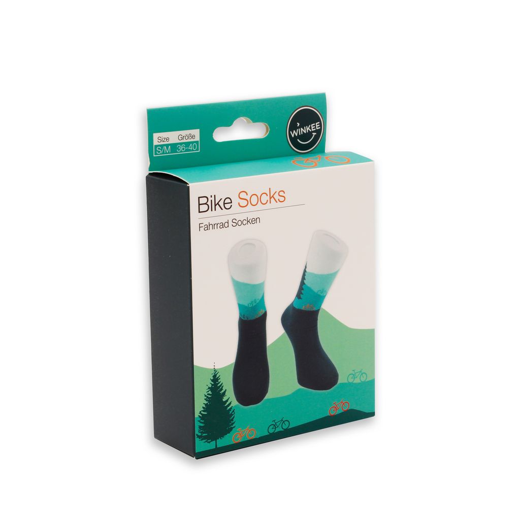 Auf dem Bild sind Socken Fahrrad Gr.36-40 zu sehen. Sie zeigen ein Fahrrad-Motiv und sind für Größe 36 bis 40 geeignet.