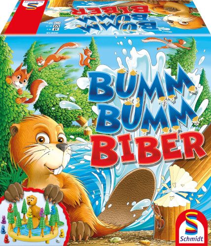 Auf dem Bild sieht man die Verpackung eines Spiels mit dem Titel "Bumm Bumm Biber". Ein fröhlicher Biber steht im Vordergrund, während im Hintergrund Wasser spritzt und Tiere im Wald zu sehen sind.