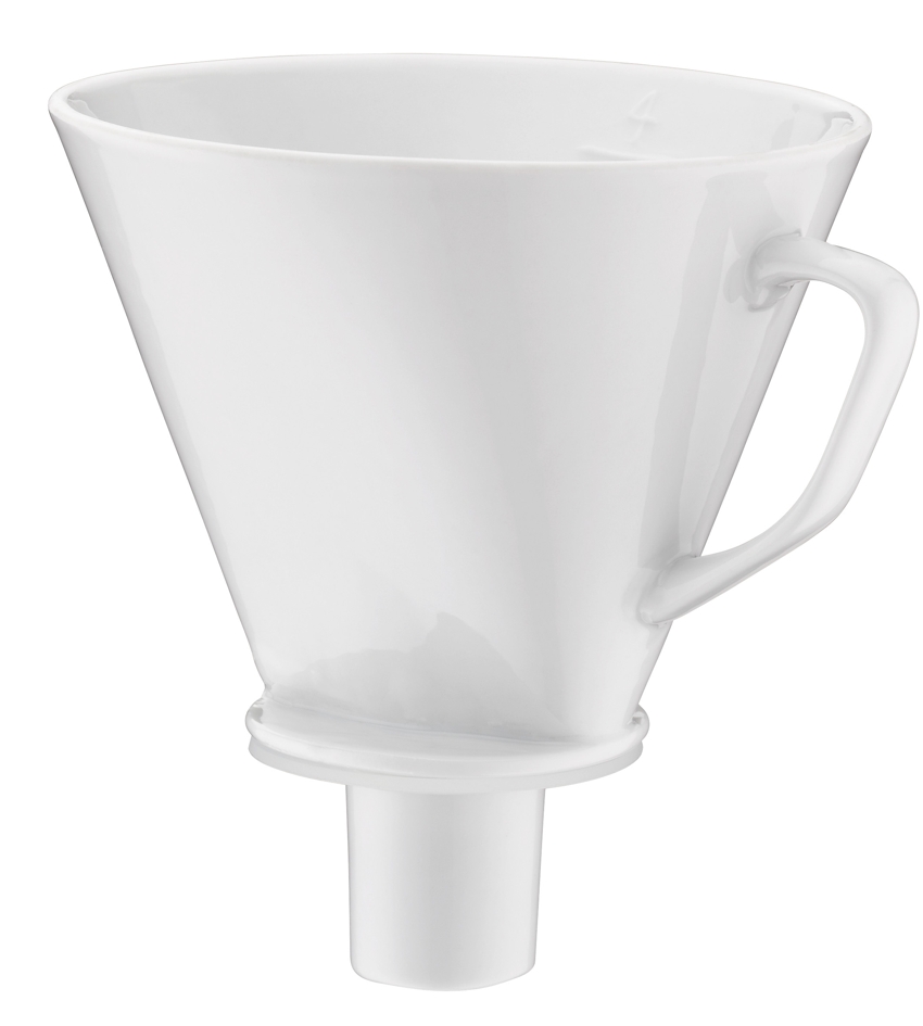 Dies ist ein weißer Kaffeefilter mit Griff. Er trägt den Namen "Kaffeefilter Aroma Plus Weiss".