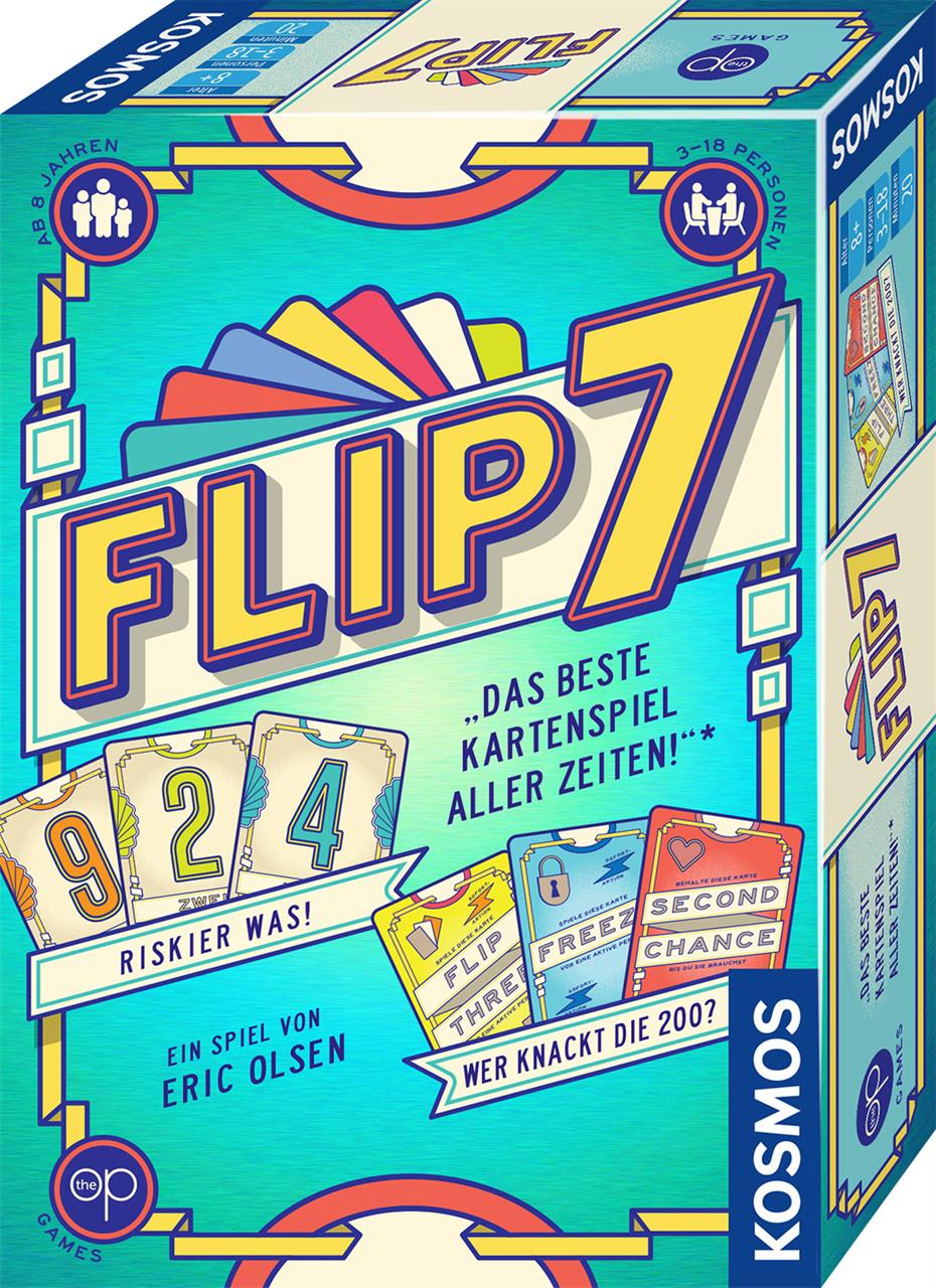 Das Bild zeigt die bunte Verpackung des Kartenspiels "Flip 7" von Kosmos. Auf der Schachtel sind Spielkarten und der Slogan „Das beste Kartenspiel aller Zeiten!“ abgebildet.