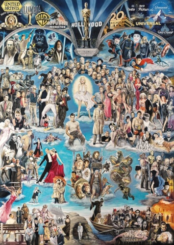 Dieses Bild zeigt eine Collage berühmter Filmszenen und Filmfiguren aus der Geschichte Hollywoods. Oben sind bekannte Filmstudios und ein großer Oscar in der Mitte zu sehen.
