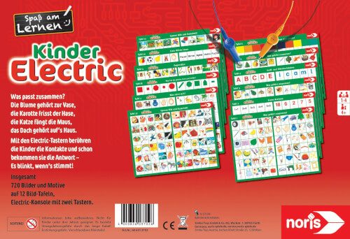 Das Bild zeigt die Verpackung eines Lernspiels namens "Kinder Electric" von Noris. Auf der Verpackung sind bunte Bildkarten und eine kurze Anleitung zum Spiel abgebildet.