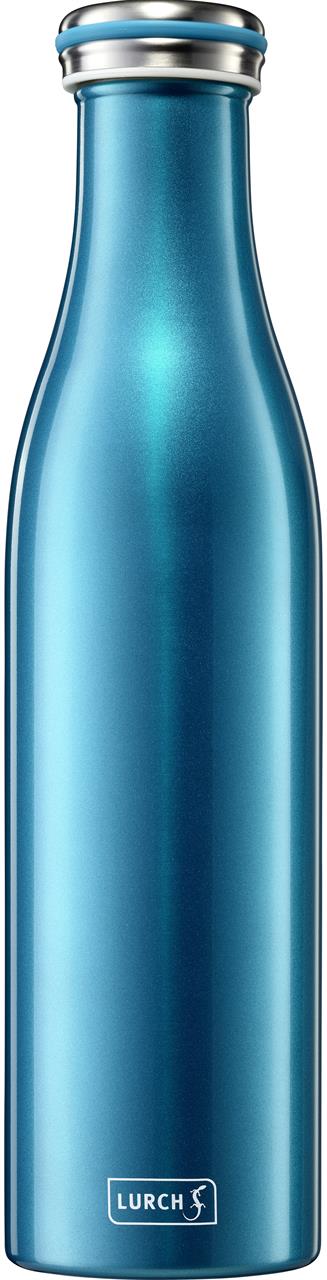 Die Abbildung zeigt eine Isolierflasche aus Edelstahl mit einem Fassungsvermögen von 0,75 Litern. Die Flasche ist in einem glänzenden Wasserblau gehalten und trägt das Logo „LURCH“.