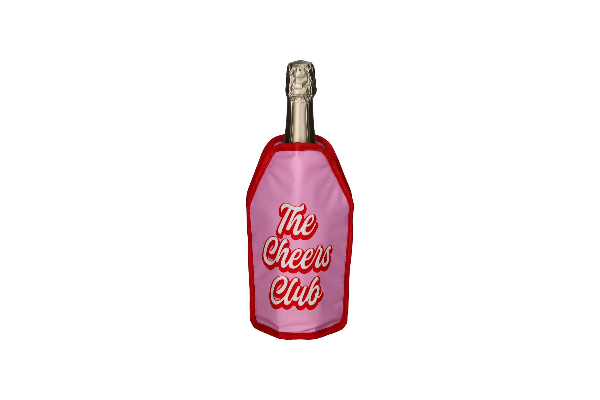 Das Produkt ist Froid Kühlmanschette, Motiv: The Cheers Club, rosa. Es ist eine rosa Kühlmanschette mit Cheers Club Motiv für Flaschen.