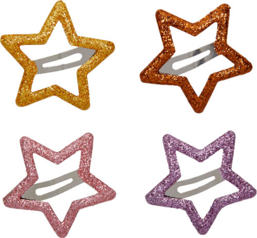 Das Bild zeigt vier glitzernde Haarspangen in Sternform. Sie sind in den Farben Gelb, Orange, Rosa und Lila.