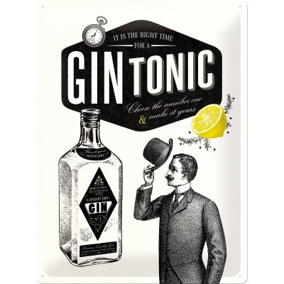 Das Bild zeigt ein Blechschild mit der Aufschrift "Gin Tonic" und einer gezeichneten Ginflasche. Daneben hebt ein Mann seinen Hut und eine Zitronenscheibe ist abgebildet.