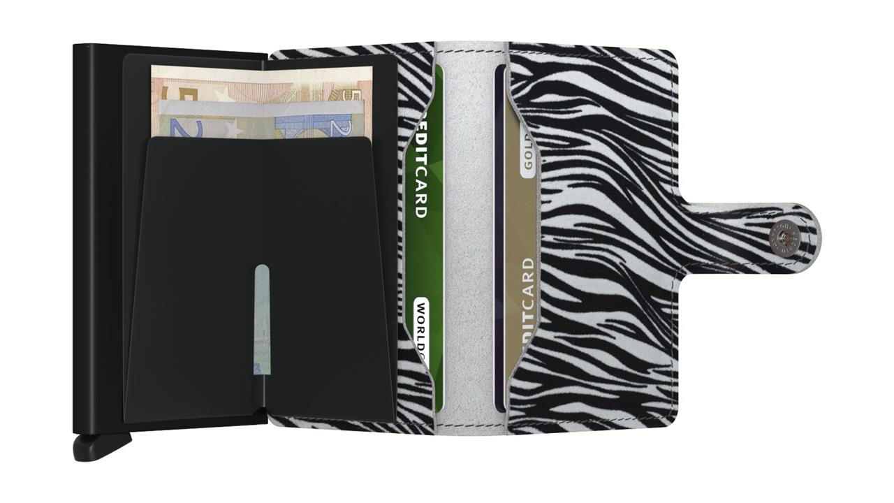 Das Bild zeigt ein geöffnetes Miniwallet Zebra Light Grey mit einem Zebramuster. Im Inneren befinden sich Geldscheine und mehrere Kreditkartenfächer.