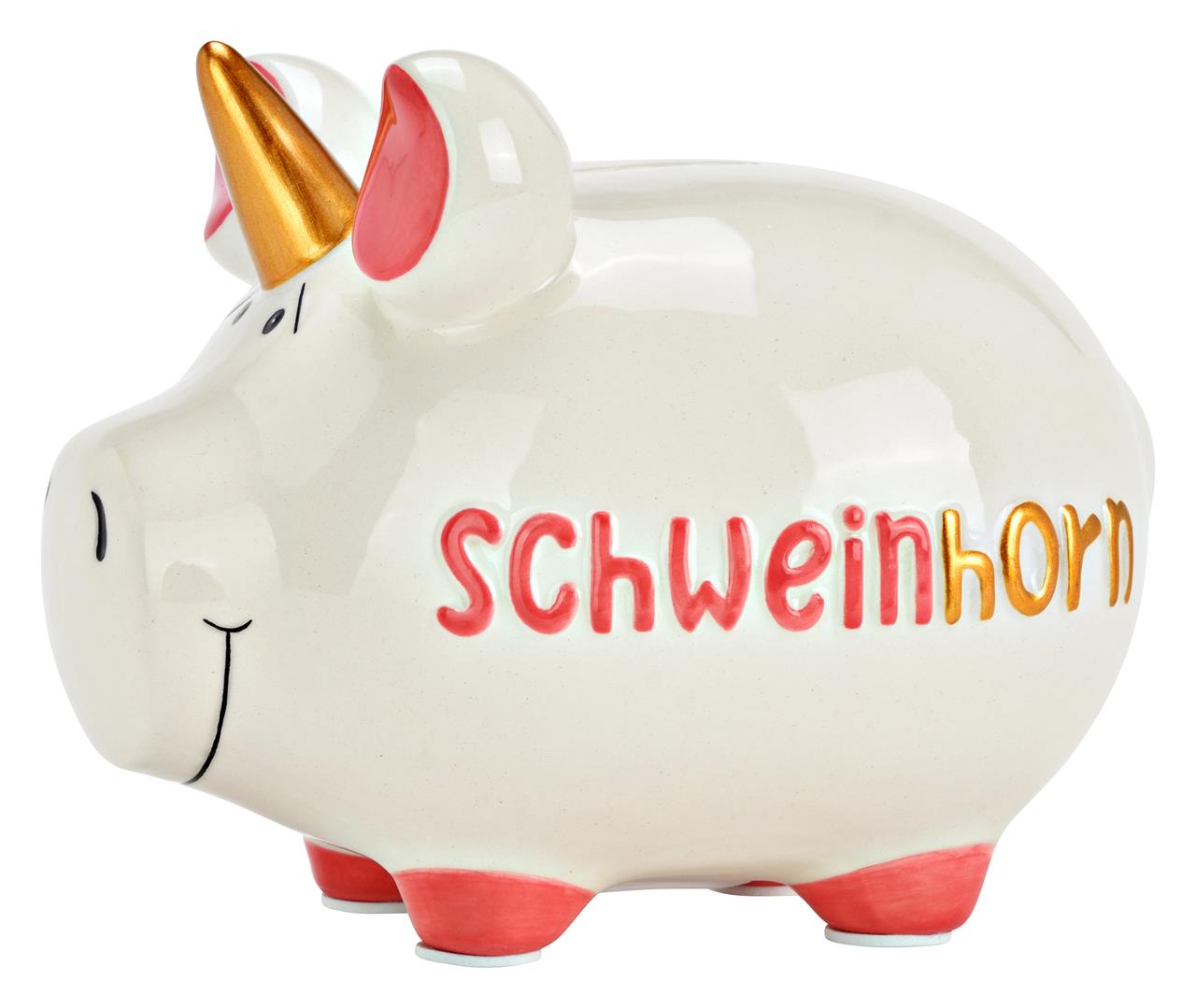 Das Bild zeigt ein weißes Sparschwein mit goldenem Horn und rosa Ohren. Auf der Seite steht das Wort "Schweinhorn" in roten und goldenen Buchstaben.