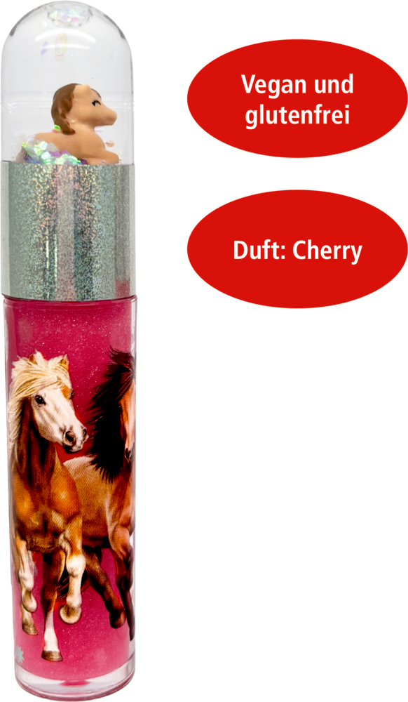 Hier sieht man den Pferdefreunde - Lipgloss. Das Design ist farbenfroh und mit Pferdemotiven verziert.