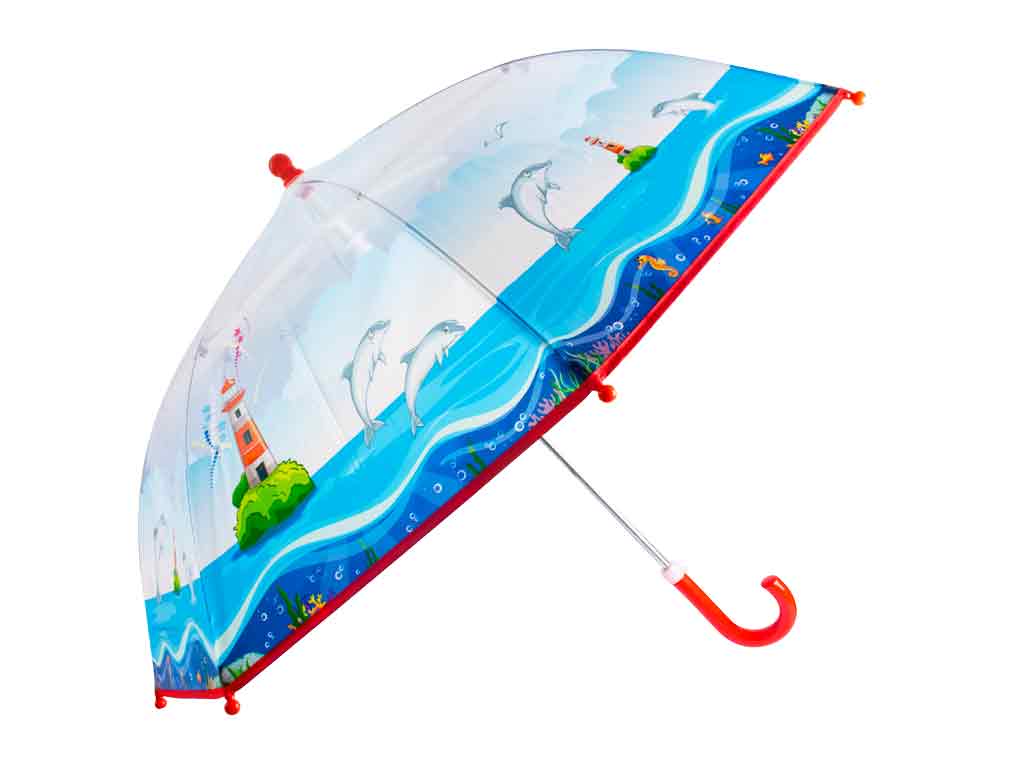 Der Kinderschirm ist transparent und zeigt ein buntes Delfin-Motiv mit Meer und Leuchtturm. Der Griff und die Enden sind rot gefärbt.