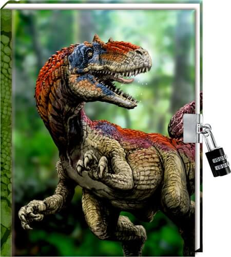Auf dem Bild ist ein Tagebuch mit einem Dinosaurier-Motiv zu sehen. Das Tagebuch hat ein Zahlenschloss an der Seite.