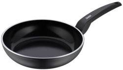 Die Abbildung zeigt die Stielpfanne Messino mit einem Durchmesser von 24 cm. Sie hat eine schwarze Beschichtung und einen ergonomischen Griff.