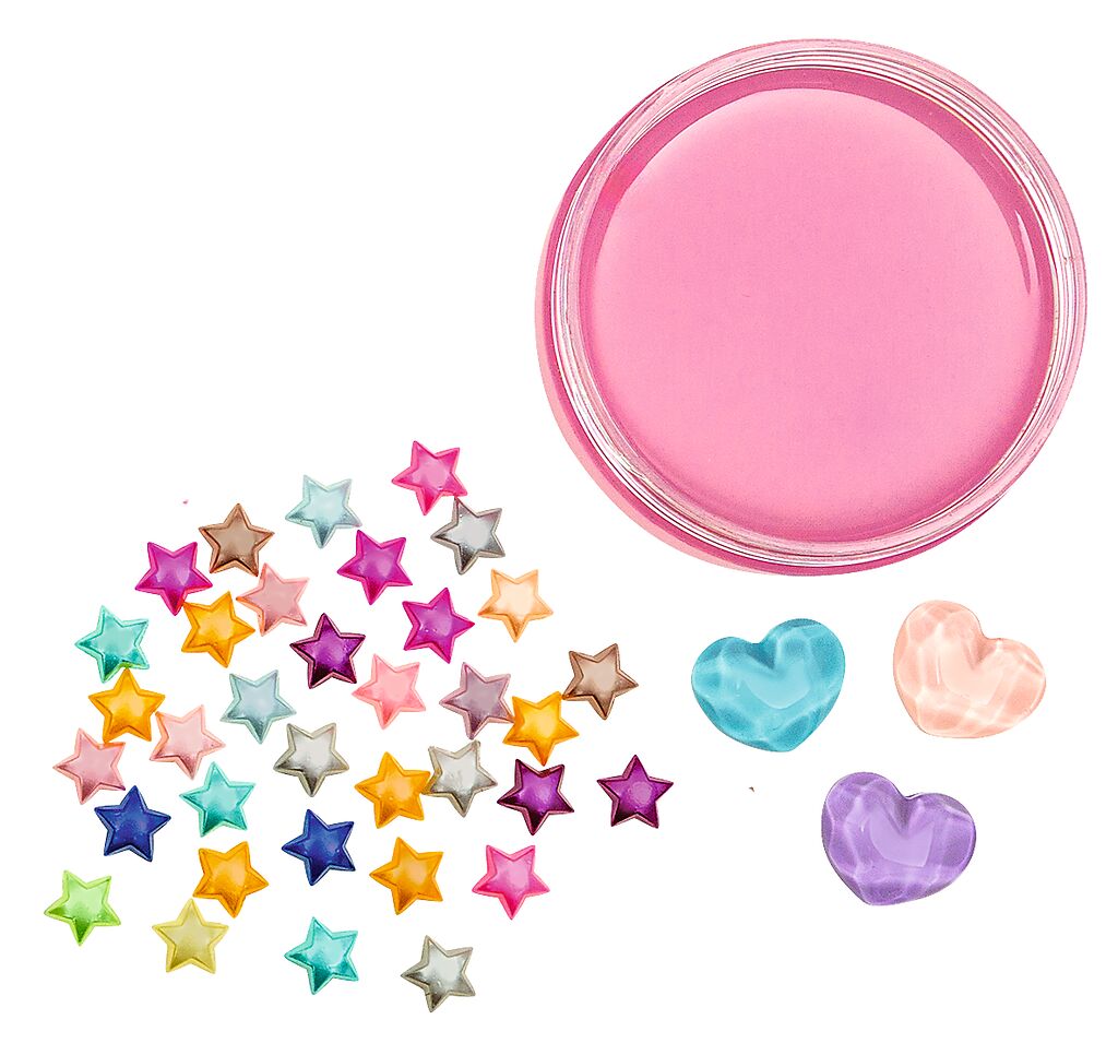 Abgebildet ist die pinke Variante der 'Glibber-Knete' samt Inhalt. Kinder können daraus Figuren formen.
