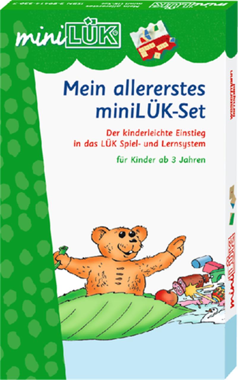Auf dem Bild ist das Produkt "Mein allererstes miniLÜK-Set" zu sehen. Auf der Verpackung ist ein lächelnder Teddybär abgebildet, der auf einem großen Blatt schwimmt.