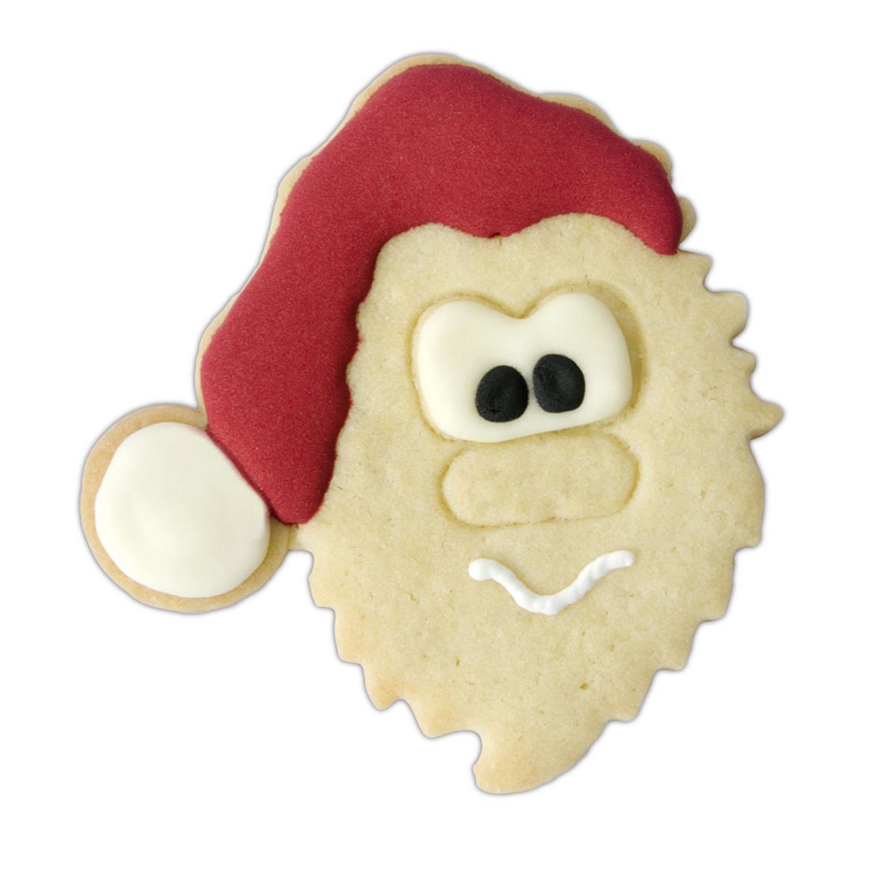 Das Bild zeigt einen Keks in Form eines Nikolausgesichts mit roter Mütze. Der Keks ist etwa 9 cm groß und mit Zuckerguss dekoriert.