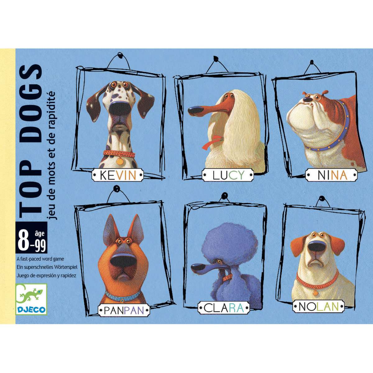 Das Bild zeigt die Verpackung des Kartenspiels "Top Dogs" mit sechs lustig gezeichneten Hunden. Jeder Hund hat einen eigenen Namen, wie Kevin, Lucy, Nina, Panpan, Clara und Nolan.