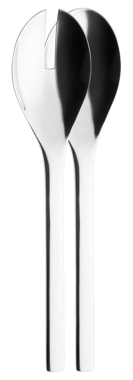 Das Bild zeigt ein Salatbesteck aus poliertem Metall, 30 cm lang. Es besteht aus einem Löffel und einer Gabel mit modernen, schlichten Formen.