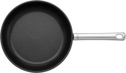 Die Abbildung zeigt die Stielpfanne Calabria mit einem Durchmesser von 24 cm. Die Pfanne hat eine schwarze Beschichtung und einen silbernen Griff.