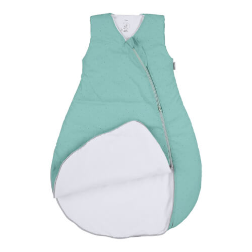 Auf dem Bild ist ein mintgrüner Babyschlafsack mit einem seitlichen Reißverschluss zu sehen. Die Innenseite des Schlafsacks ist weiß.