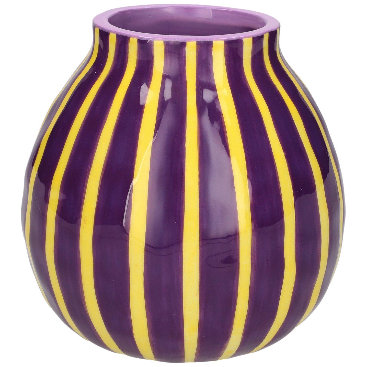 Auf dem Foto ist die Artisan Vase H13,7cm in Violett und Gelb zu sehen. Die Vase hat eine elegante, künstlerische Optik.