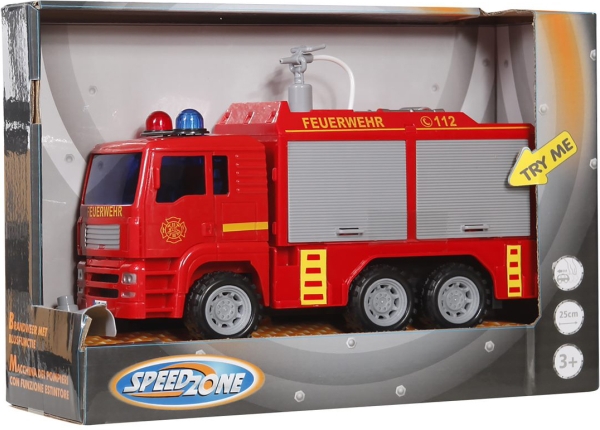 Das Bild zeigt ein rotes Feuerwehrspielzeugauto in einer Verpackung. Auf der Verpackung steht "SPEEDZONE" und das Feuerwehrauto ist für Kinder ab 3 Jahren geeignet.