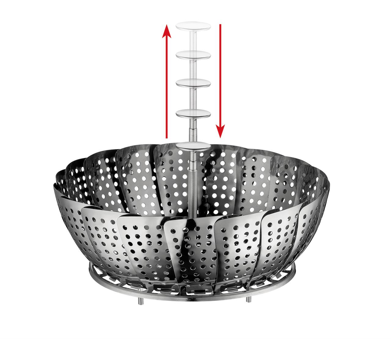 Das Bild zeigt einen klappbaren Dämpfeinsatz aus Metall mit einem Durchmesser von 20 cm. In der Mitte befindet sich ein herausziehbarer Griff, der mit roten Pfeilen nach oben und unten markiert ist.