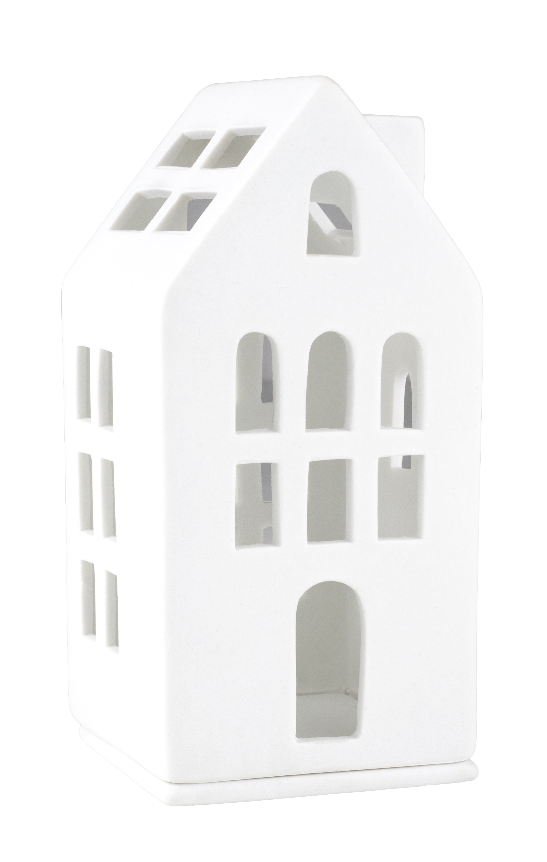 Auf dem Bild ist ein kleines, weißes Häuschen aus Keramik zu sehen. Es hat viele rechteckige und bogenförmige Fenster sowie eine offene Tür.