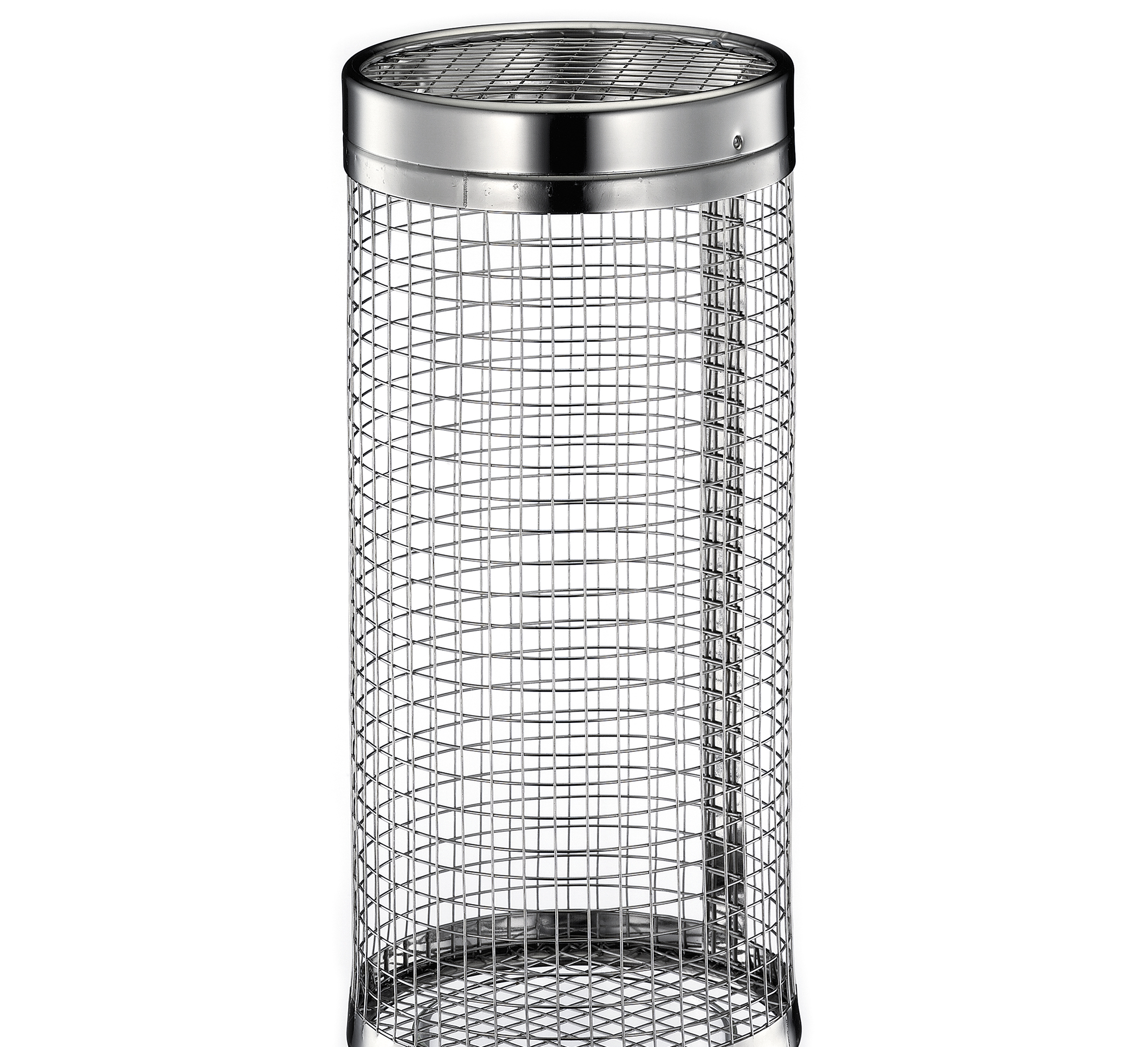 Auf dem Bild ist ein zylindrischer Drahtkorb mit Metallrahmen zu sehen. Er steht aufrecht und hat ein Gittermuster an den Seiten sowie am Boden und am Deckel.