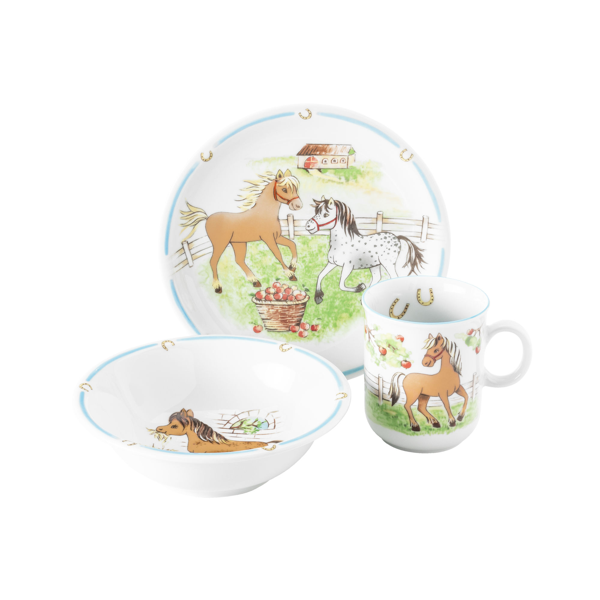 Gezeigt wird das Kinder-Set 3-teilig W 'Mein Pony'. Das Set ist speziell für Kinder mit Pony-Motiven gestaltet.