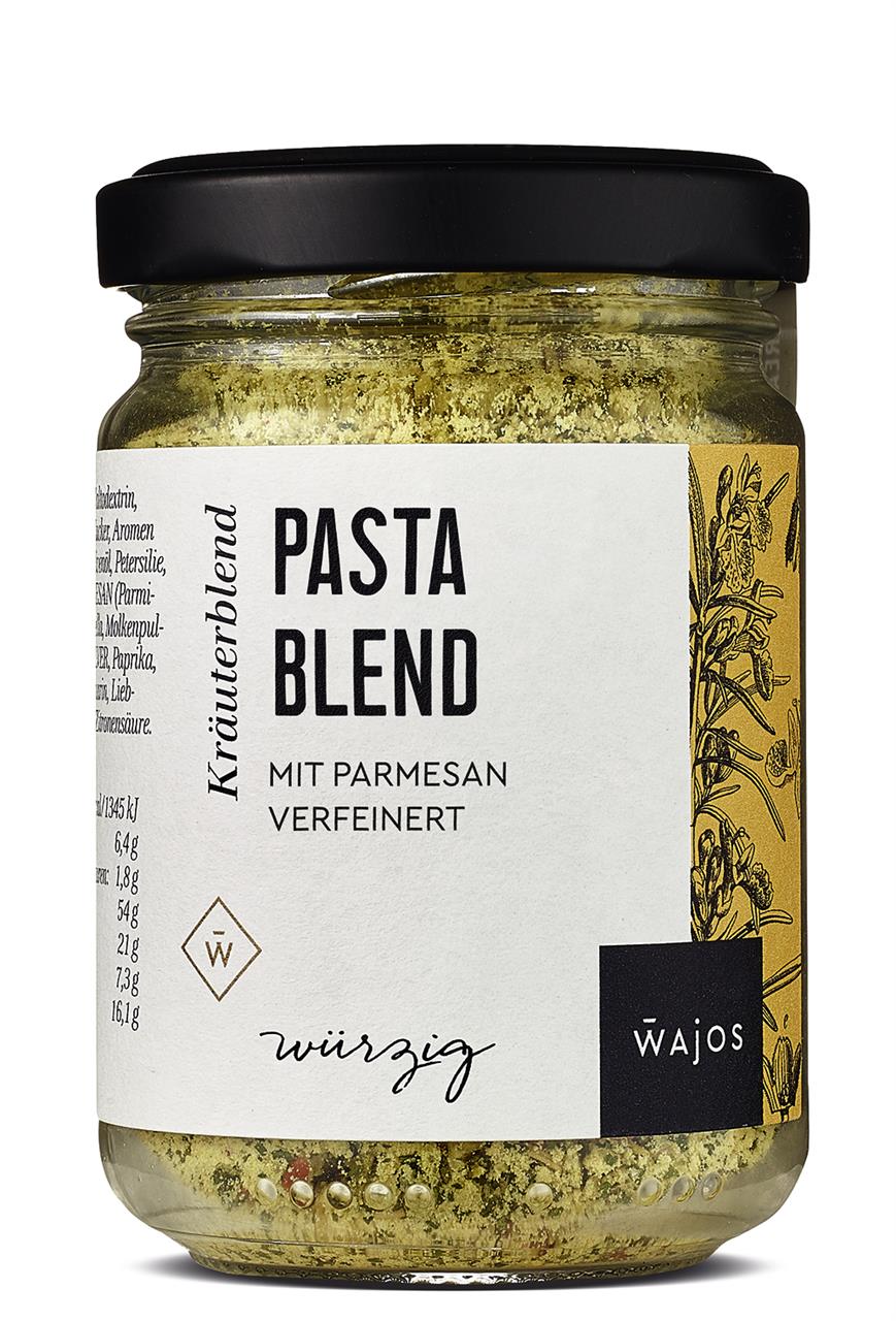 Das Bild zeigt ein Glas mit der Aufschrift "Pasta Blend - mit Parmesan verfeinert 75g - Würzmischung". Das Produkt ist von der Marke Wajos und enthält eine Kräutermischung für Pasta.