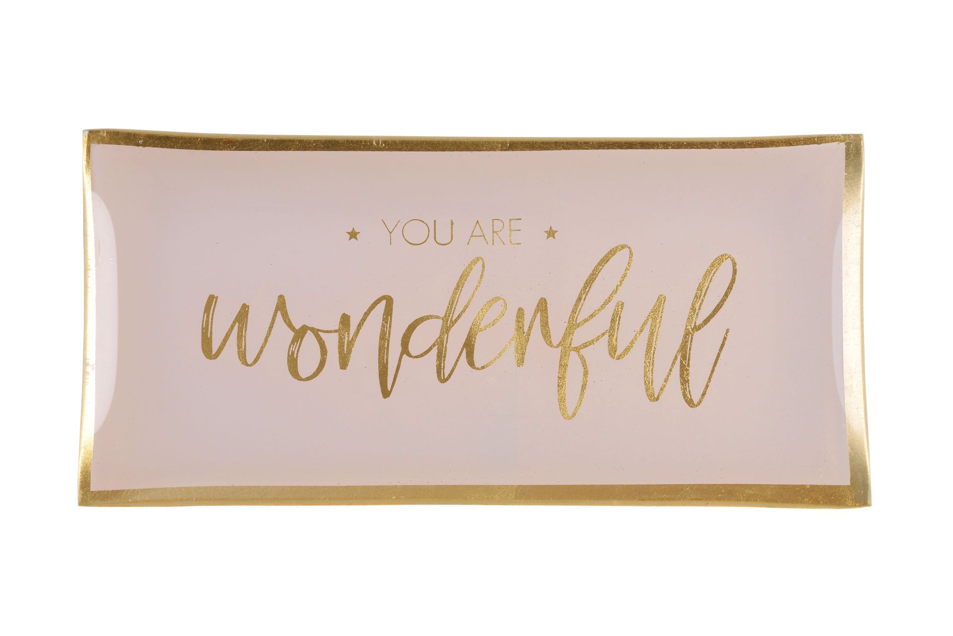 Der Love Plates Glasteller L trägt den Aufdruck 'you are wonderful' in Rosatönen. Das Produkt vereint eine positive Botschaft mit modernem Design.