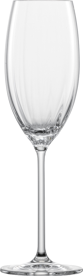 Das Bild zeigt ein elegantes Sektglas mit einem Fassungsvermögen von 288 ml. Das Glas hat einen langen Stiel und einen Moussierpunkt am Boden.