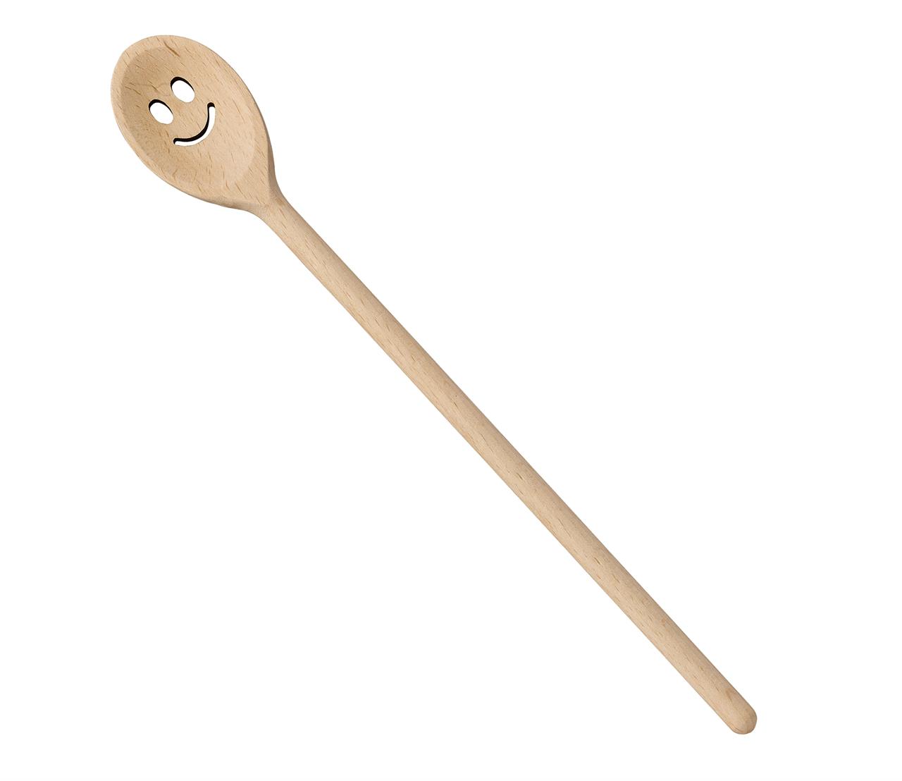 Der Kochlöffel ist aus Holz und 35 cm lang. Er hat ein eingraviertes Smiley-Gesicht auf dem Löffelkopf.