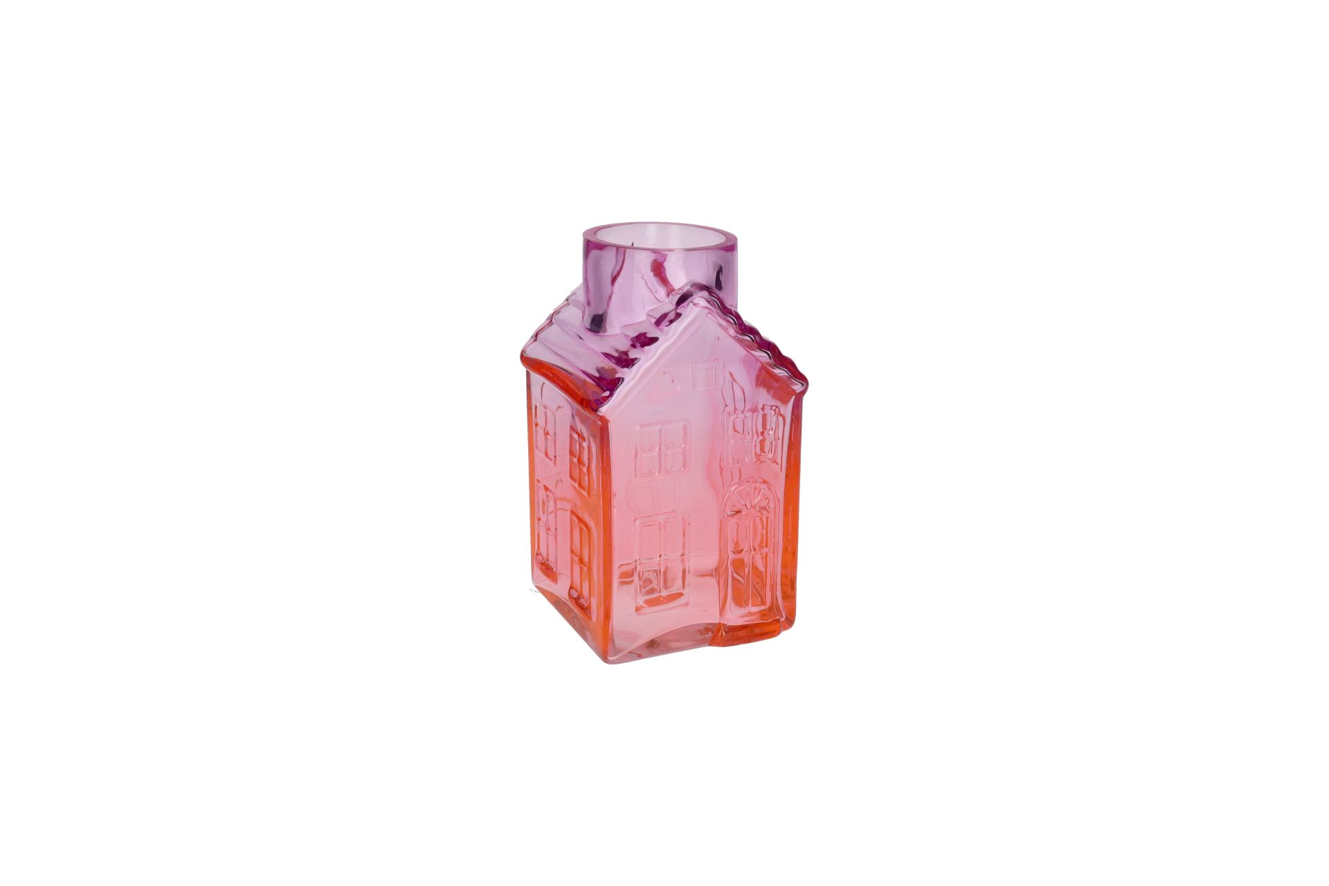 Das Bild zeigt Jacquard, Vase Haus 21,5cm Höhe, pink. Es handelt sich um eine 21,5 cm hohe Vase in kräftigem Pink.