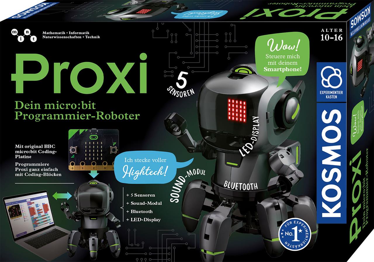 Das Bild zeigt die Verpackung des Produkts "Proxi - Dein micro:bit Programmier-Roboter". Man sieht einen kleinen Roboter mit LED-Display, der per Smartphone steuerbar ist und Programmierung mit Coding-Blöcken ermöglicht.