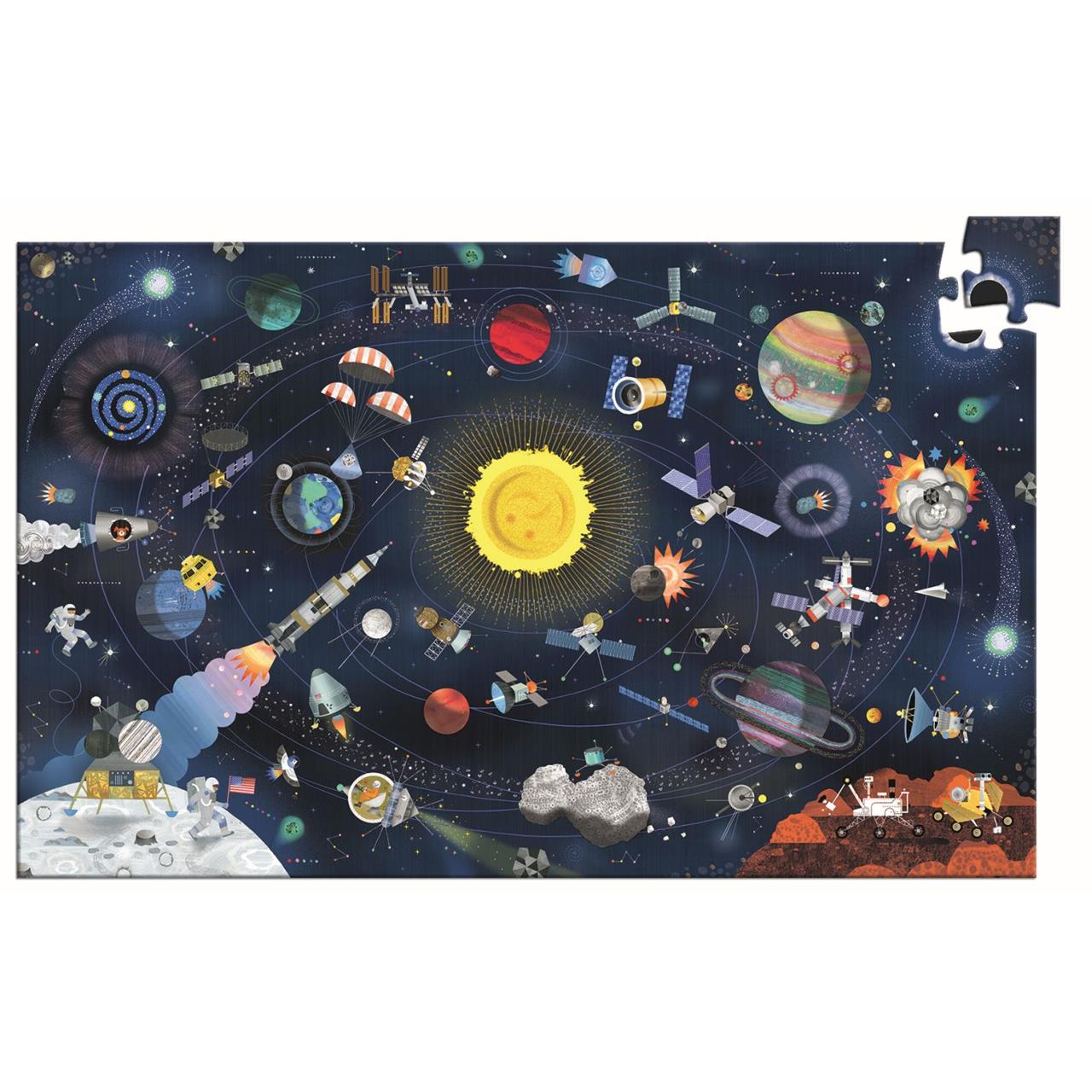 Das Bild zeigt das Puzzle "Observation Weltraum" mit 200 Teilen. Es stellt eine bunte und detaillierte Weltraumszene mit Planeten, Raumfahrzeugen und Astronauten dar.