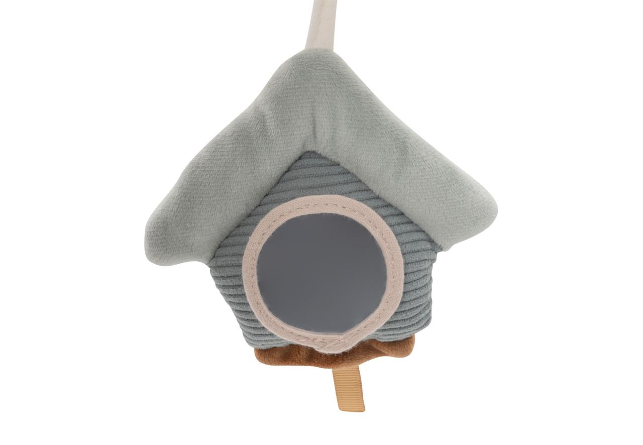 Das Bild zeigt ein weiches Spielzeug in Form eines Vogelhauses. Es ist Teil des Produkts "Aktivitäten-Spirale Lovely Birds".