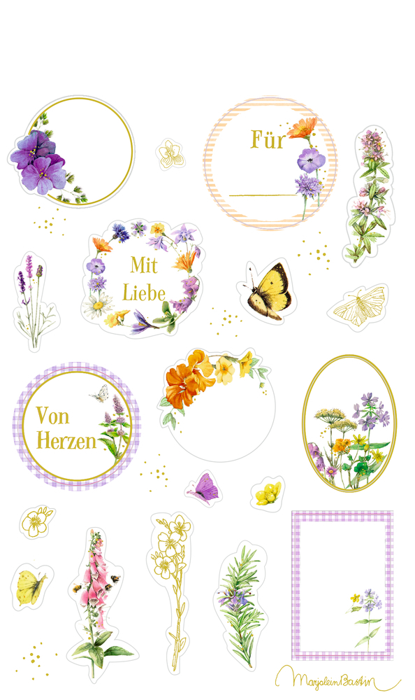 Stickerbogen Sticker und Etiketten Gartenliebe. Bunte Gartenmotive auf Stickerbogen und Etiketten.