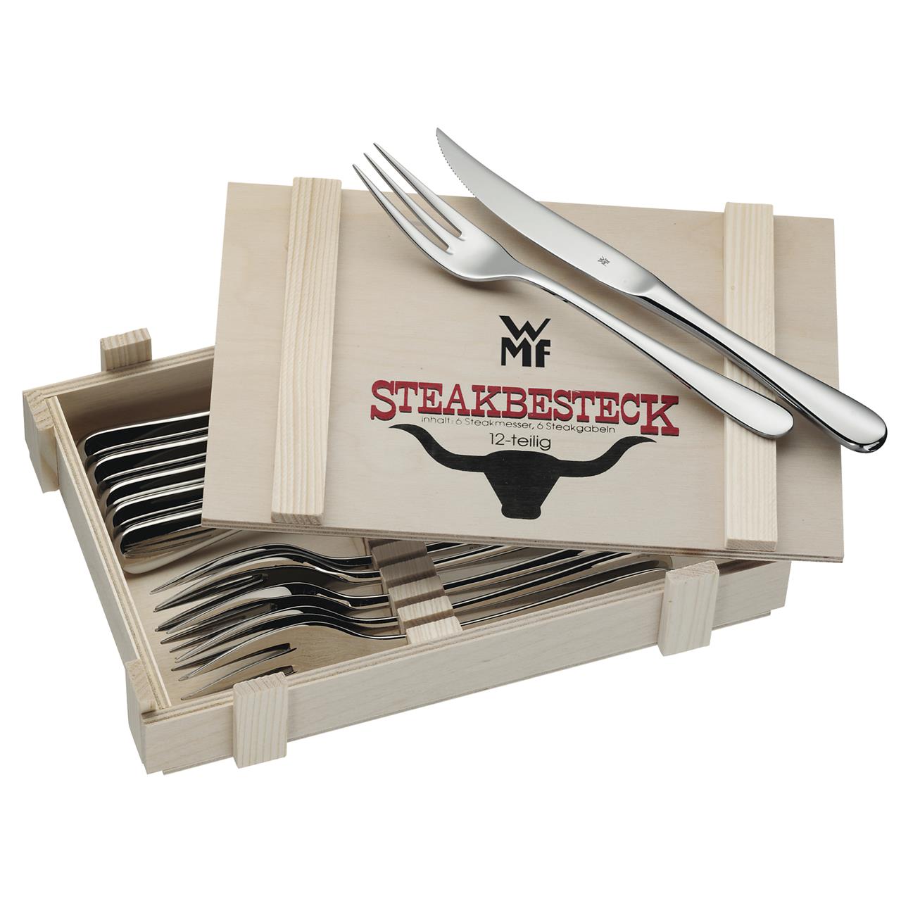 Das Bild zeigt ein 12-teiliges Steakbesteck-Set in einer Holzkassette. Das Set enthält je sechs Steakmesser und Steakgabeln der Marke WMF.
