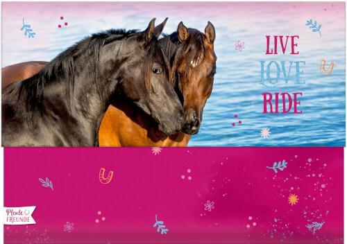 Auf dem Bild sind zwei Pferde zu sehen, die dicht beieinander stehen. Im Hintergrund steht der Text: „LIVE LOVE RIDE“.