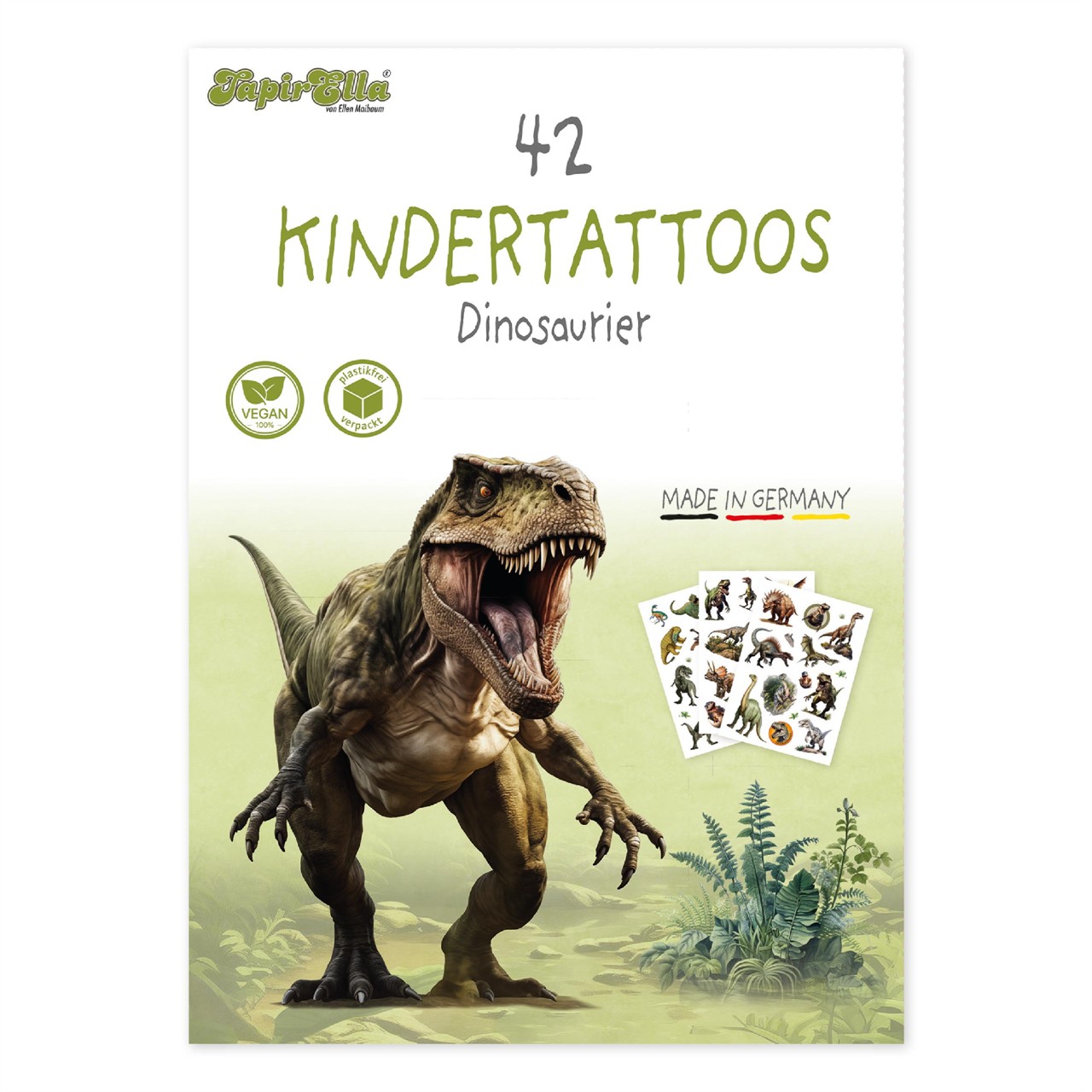 Das Bild zeigt das Tapirella Tattoo-Set A6 „Dinosaurier“ mit 42 Kindertattoos. Auf dem Cover ist ein großer Dinosaurier abgebildet, daneben sind die Tattoo-Bögen zu sehen.