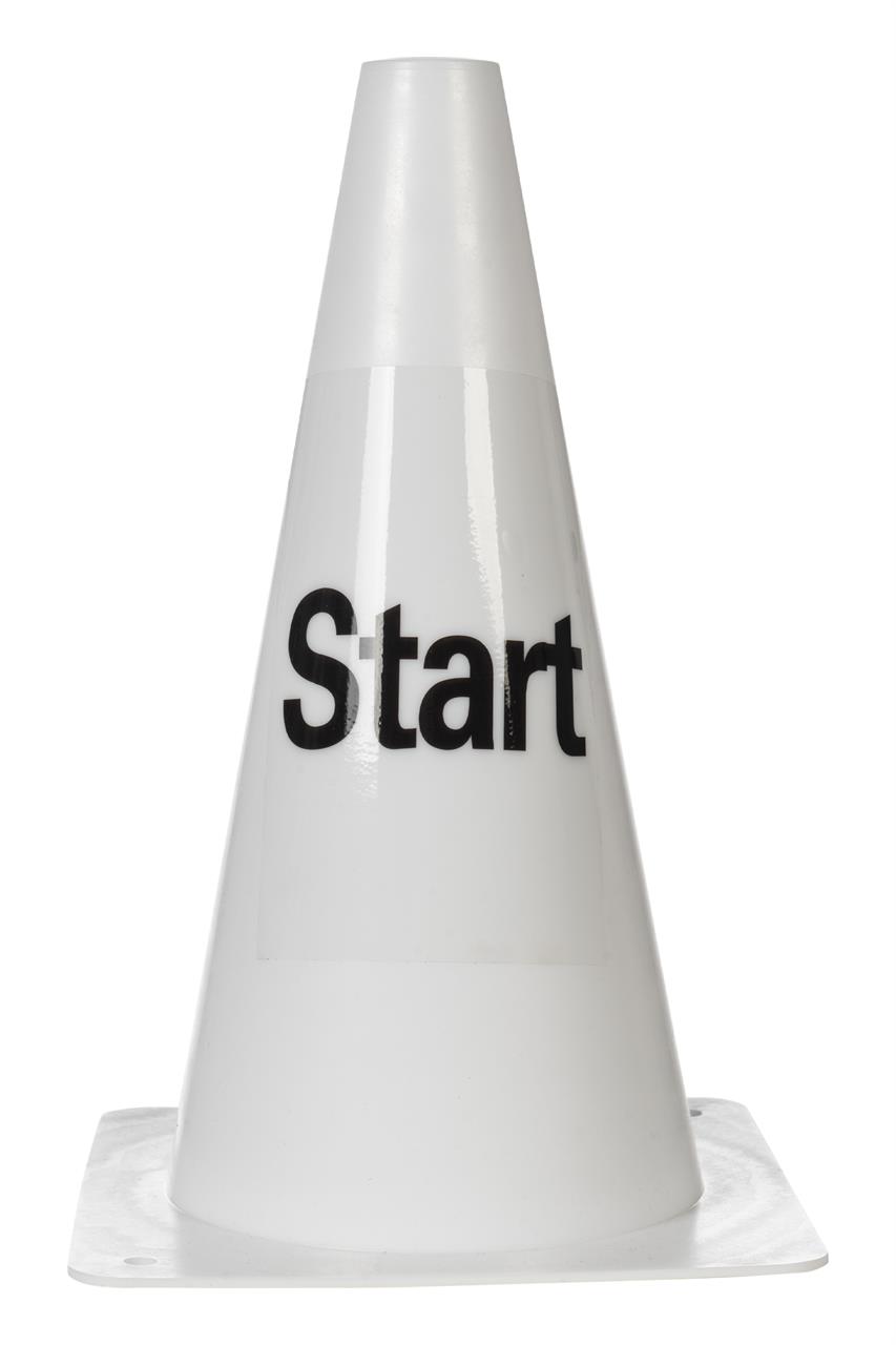 Auf dem Bild ist ein weißer Kegel mit der Aufschrift "Start" zu sehen. Es handelt sich um das Produkt "Bahnpylonen Dressur -Hobby Horsing-1200 weiß".