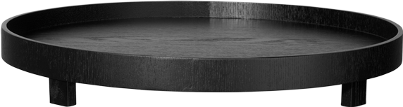 Auf dem Bild ist ein runder, schwarzer Holztisch zu sehen. Der Tisch hat eine erhöhte Kante und steht auf kurzen Beinen.