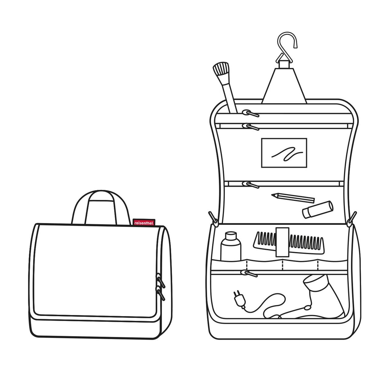 Das Bild zeigt die Kosmetiktasche "Toiletbag XL twist silver" von außen und geöffnet von innen. Im Inneren sind verschiedene Fächer, ein Haken zum Aufhängen und Platz für Kosmetikartikel und Zubehör zu sehen.