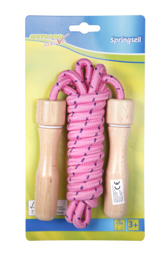 Auf dem Bild ist ein Springseil mit Holzgriffen und einem pinken Seil zu sehen. Die Verpackung ist blau und gelb und zeigt, dass das Springseil für Kinder ab 3 Jahren geeignet ist.