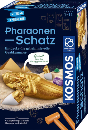 Auf dem Bild ist eine Spielbox mit dem Titel „Pharaonen-Schatz“ zu sehen. Die Verpackung zeigt einen goldenen Sarkophag, Ausgrabungswerkzeuge und verschiedene kleine Fundstücke.