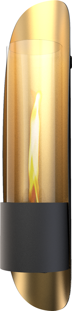 Das Bild zeigt das Produkt „Cycloflame Wall Gold (Wandfeuer)“. Es handelt sich um eine goldfarbene Wandlampe mit einer Flamme im Inneren.