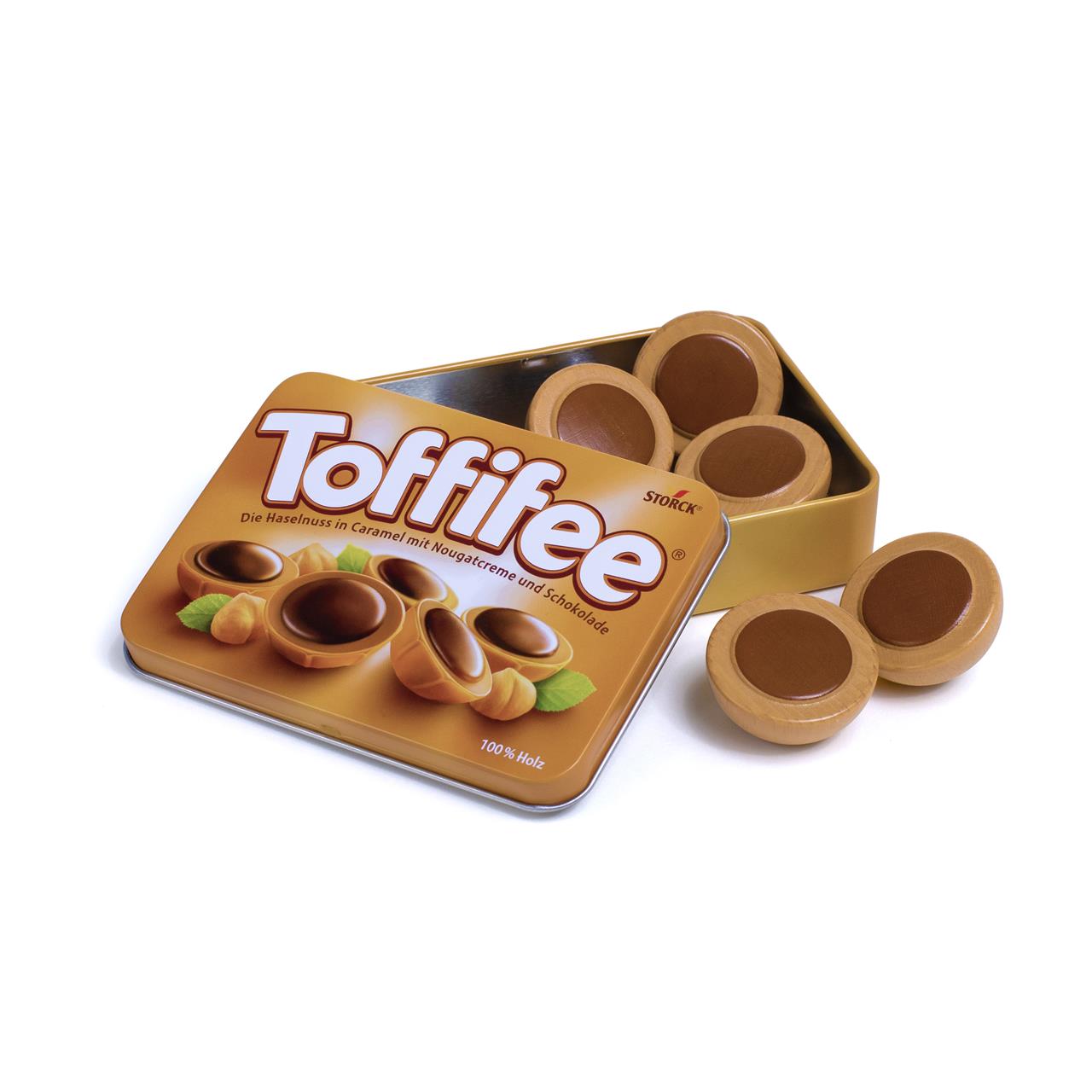 Das Bild zeigt eine goldene Metalldose mit der Aufschrift "Toffifee". Neben und in der Dose liegen mehrere runde Toffifee-Pralinen.