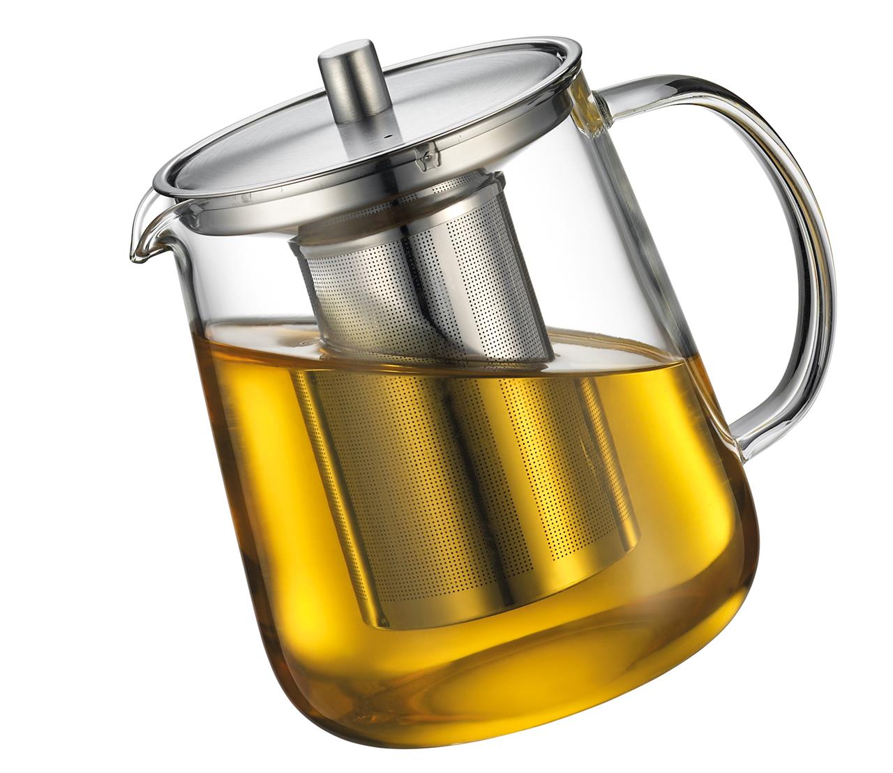 Auf dem Bild ist eine Glasteekanne mit einem Metallsieb zu sehen. Die Kanne enthält einen Liter Tee und trägt den Namen „Teekanne ASSAM 1 L“.