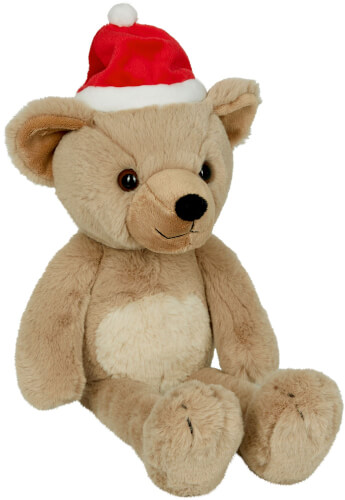 Auf dem Bild ist ein brauner Teddybär zu sehen. Er trägt eine rote Weihnachtsmütze mit weißem Bommel.